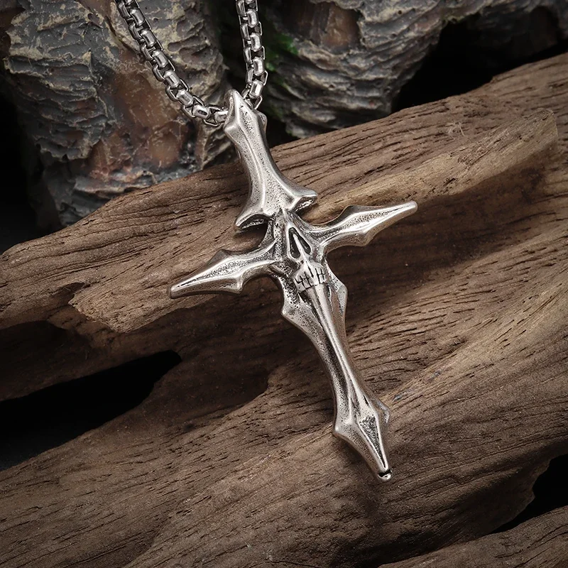 Gothic Skull Grimace Cross Pendant Necklace for Men Personality Punk Christian Exorcism Jewelry