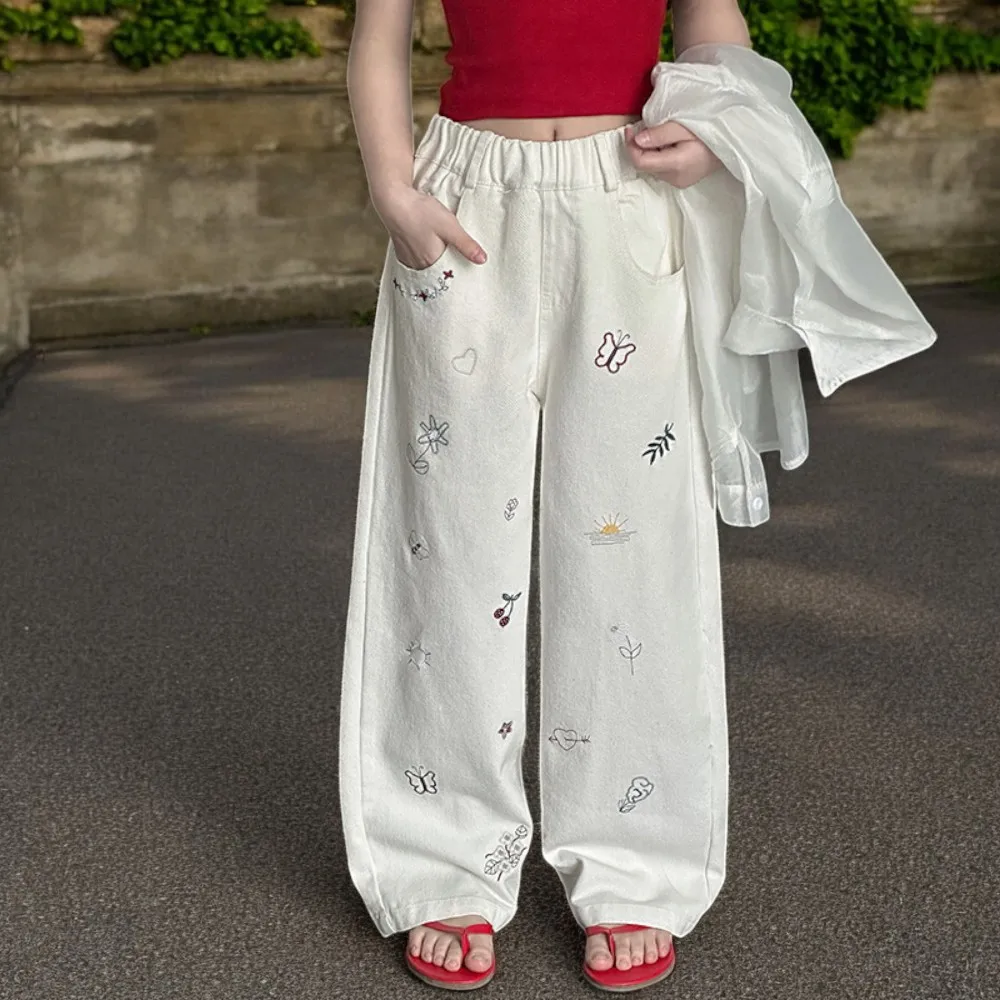 

Джинсы с цветочной вышивкой для девочек, детские мешковатые штаны, детские белые брюки, одежда для подростков, одежда для малышей 5, 7, 9, 10, 12, 13 лет