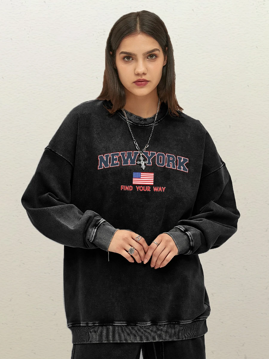 New York Find Your Way Usa Street Letter Print Women Washed Cotton Clothes Fashion Comfortable Sweatshirt Casual Hoody Loose Top