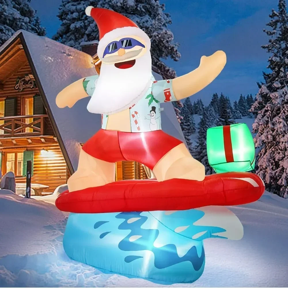 Christmas Inflatables, Outdoor Decoration Surfing Santa Fun Hawaii Xmas Blowups with Built-in LED Lights, Christmas Inflatables