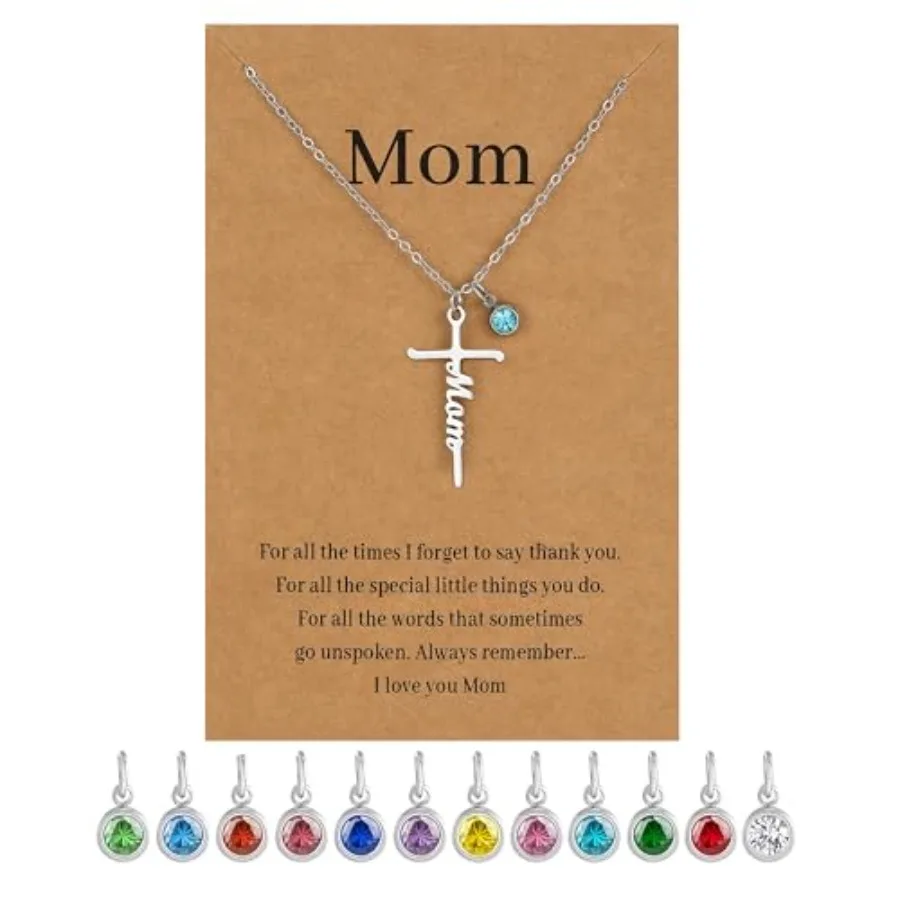 

Faith Cross Pendant Necklace with 12 Birthstones Religious Christian Jewelry Personalized DIY Mothers Day Christmas Birthday Gi
