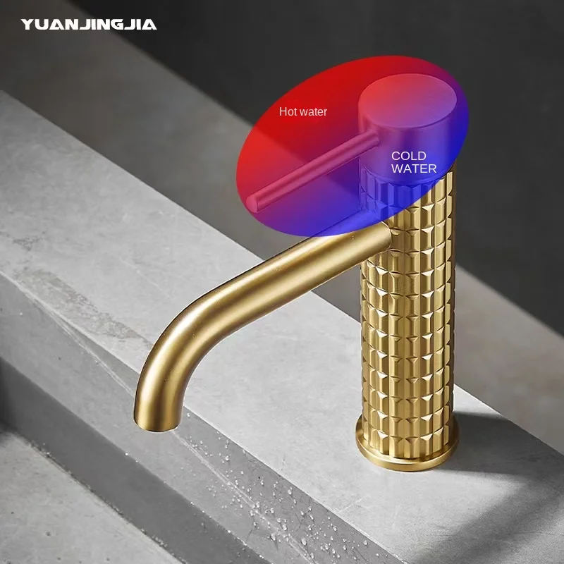 Brushed gold all copper light luxury basin faucet Home hotel bathroom bathroom cabinet Hot and cold washbasin faucet anti-splash