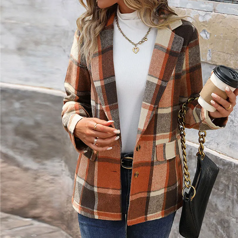 

New Autumn and Winter Casual Retro Loose Brushed Plaid Suit Jacket