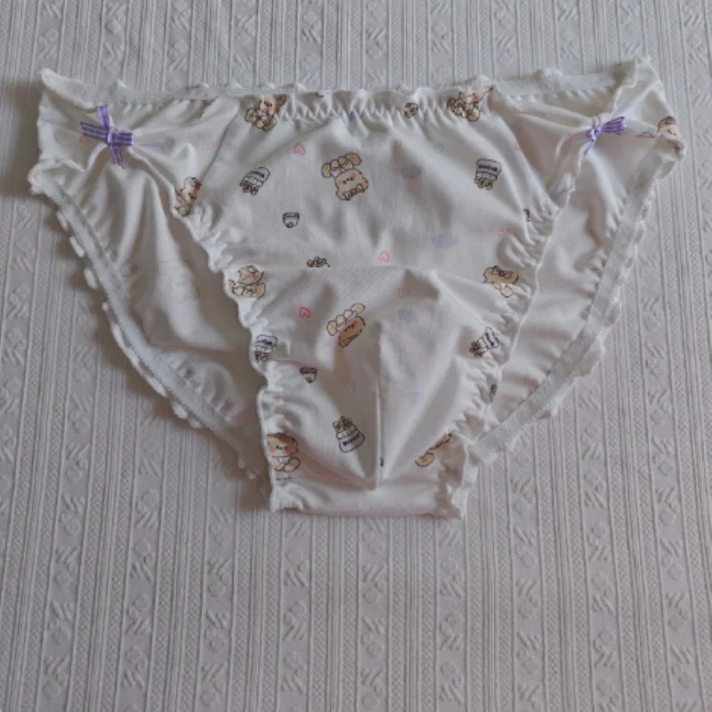 Japanese Style Cotton Convex Pouch Men Panties Cute Sweety Ruffle Bow Cross-dressing Sissy Breifs High Elasticity Breathable