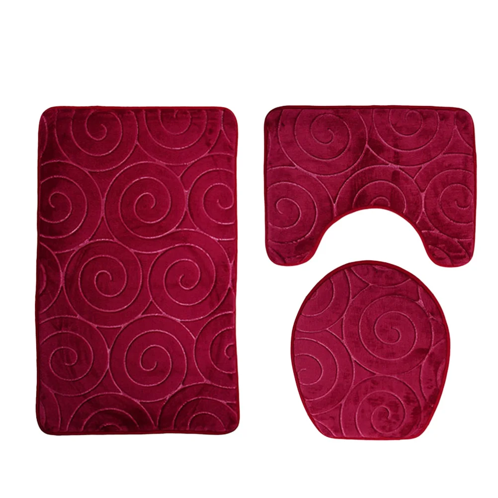 

Embossed Three Piece Bathroom Rug Set Soft Nonslip Flannel Bathtub Mat Toilet Seat Lid Cover U-Shape Carpet Red