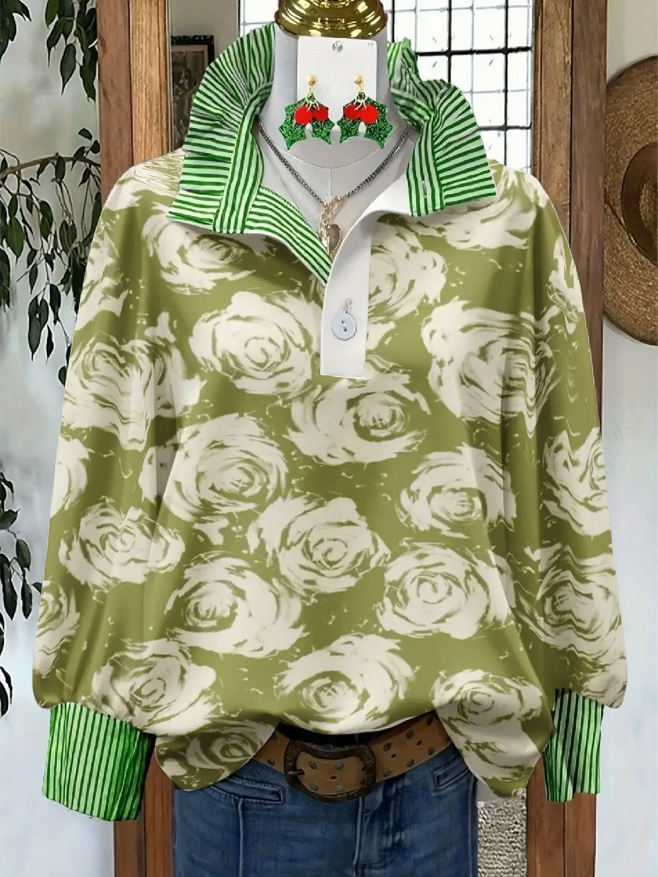 

Ladies' oversized turquoise blue and turquoise green paisley printed long sleeved shirt