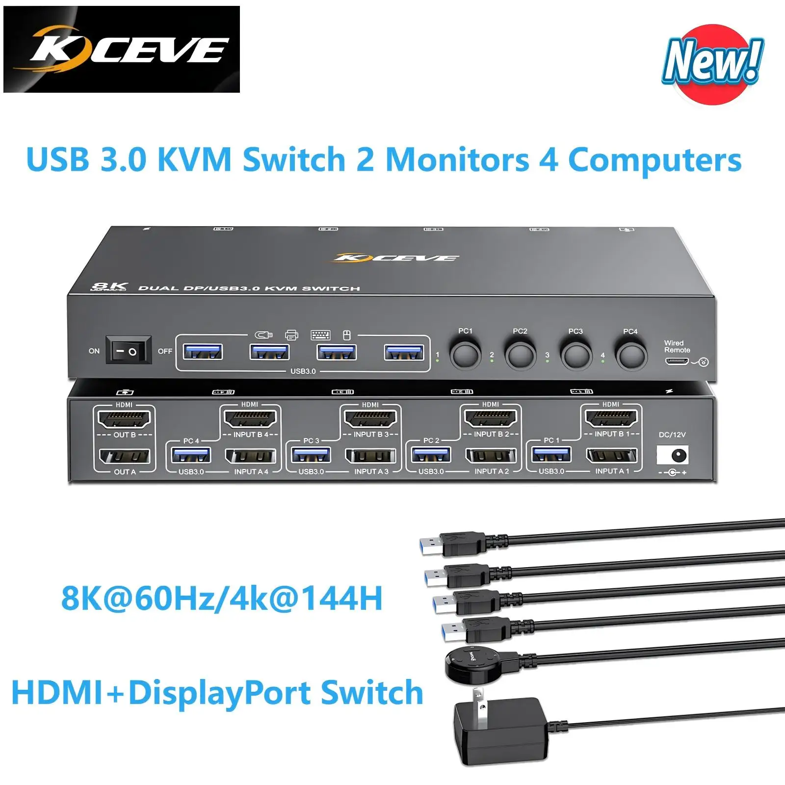 USB 3.0 KVM Switch 2 Monitors 4/3 Computers HDMI+DisplayPort,KCEVE 8K@60Hz/4k@144Hz KVM Switch for 4/3 PCs Share 4 USB3.0 Device