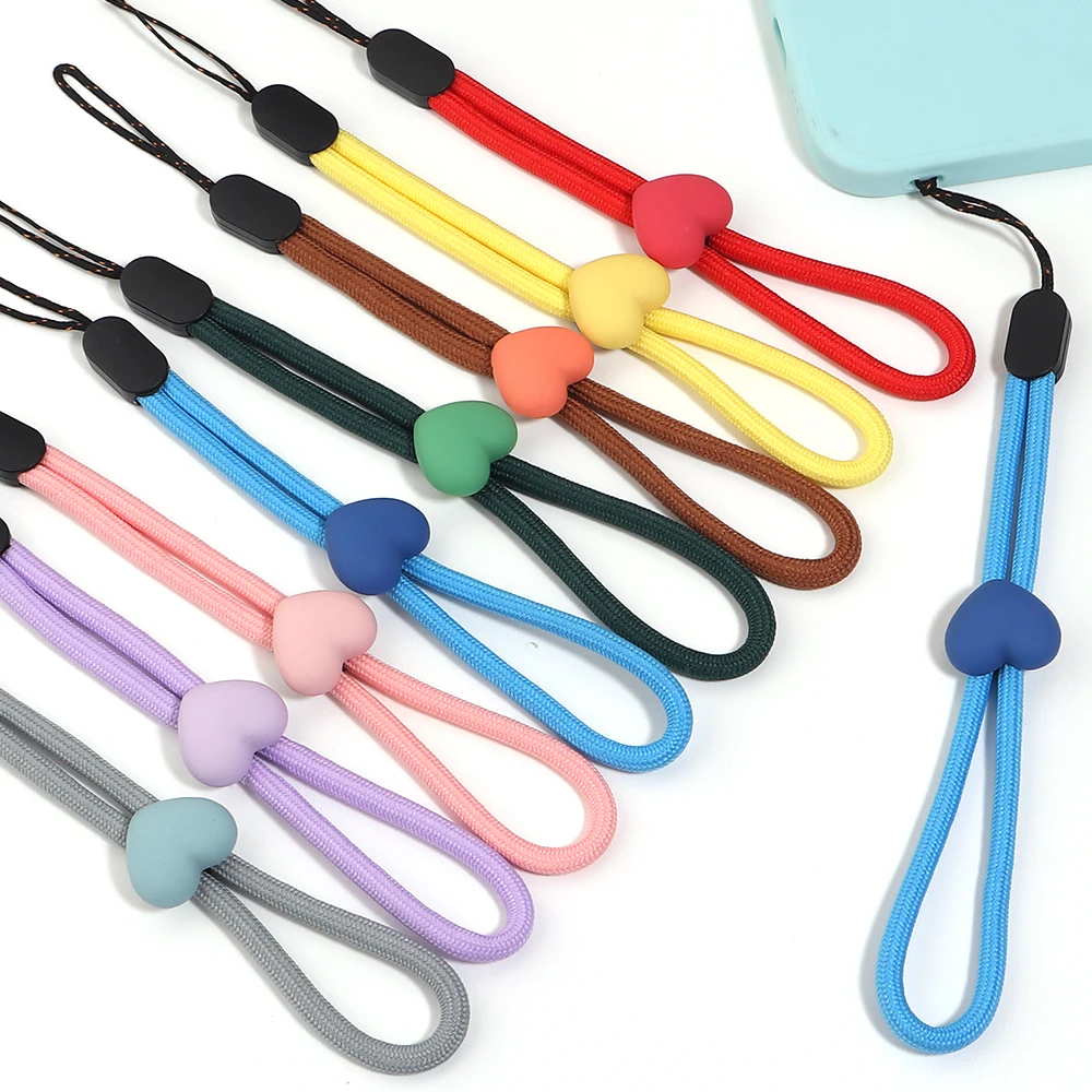 2pcs Solid Color Short Love Heart Hanging Rope Adjustable Mobile Phone Lanyard Anti Lose Wrist Strap Keychain Bag Accessories