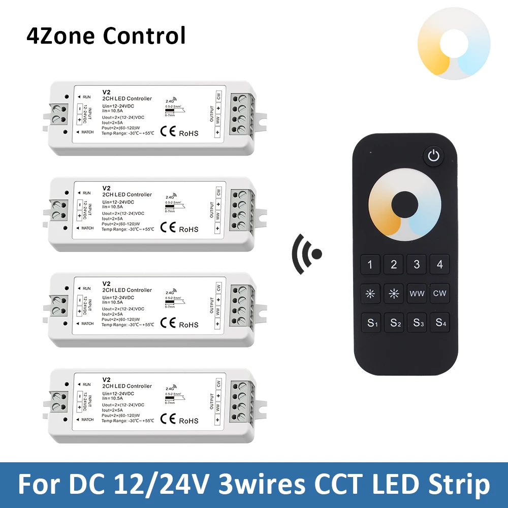 

4Zone CCT LED Controller Dimmer DC 12V 24V Remote Control 2CH Dual Color LED Controller V2 RT7 for 3wires COB 5050 CCT LED Light