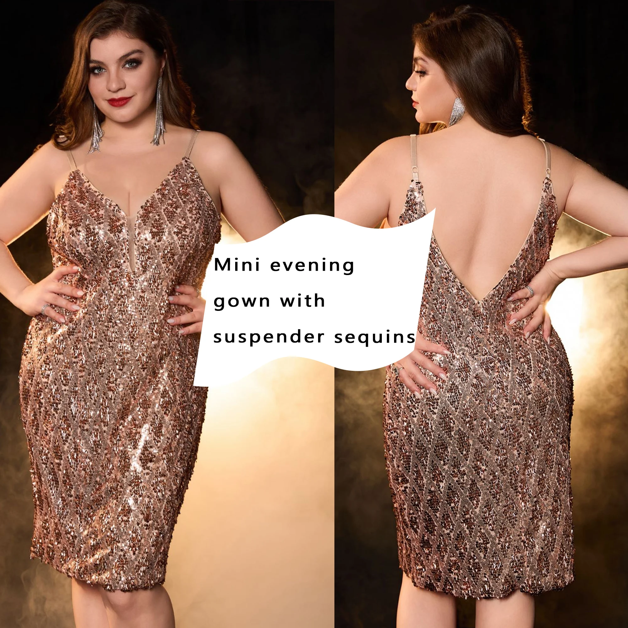 

Women's sexy and elegant champagne colored plus size cocktail party dress V-neck suspender sequin luxurious mom evening gown