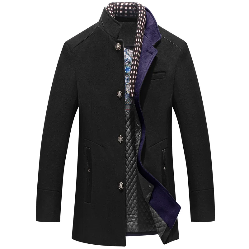 Brand Men's Casual Jacket Winter Male Windbreaker Detachable Plaid Neckline Wool Blend Classic Middle Long Trench Coat