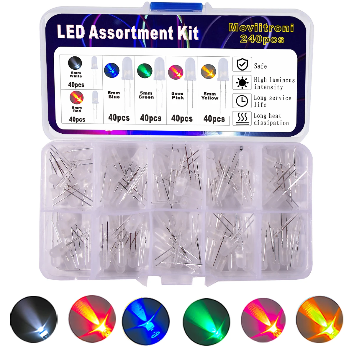 240-teiliges Sortiment an LED-Diodenlichtern, 3 mm/5 mm, transparent, lichtemittierend, weiß, grün, rot, blau, gelb, orange