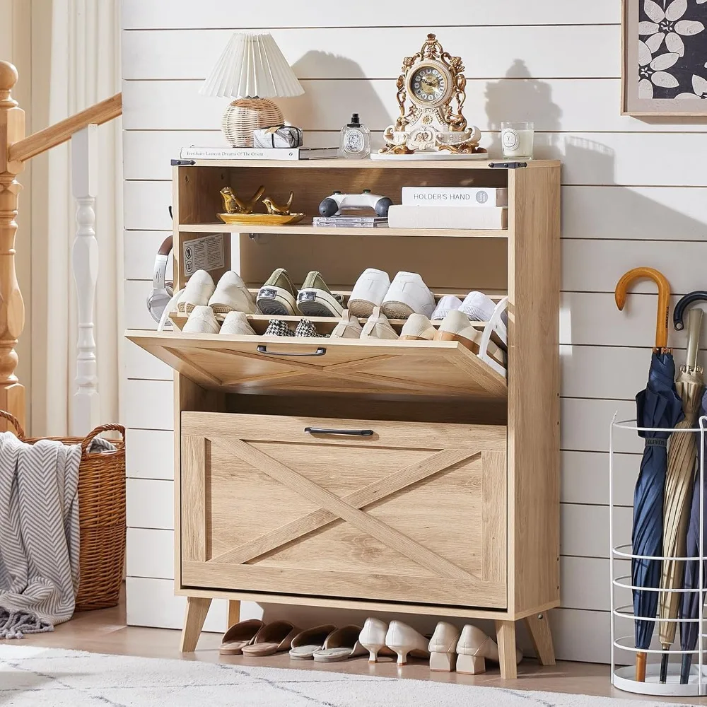 

Shoe Storage Cabinet with 2 Flip Drawers, Boho Shoes Organizer for Entryway, Narrow Hidden Shoe Rack with Wood Legs