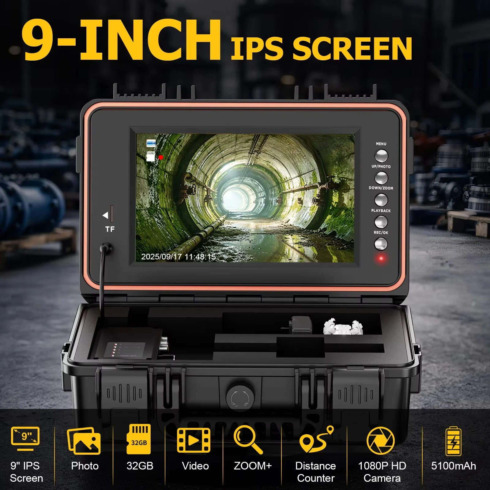 9inch Display Screen Industrial Endoscope 1080P HD Camera IP68 Distance Counter 30M Video Drain Pipe Sewer Inspection Camera