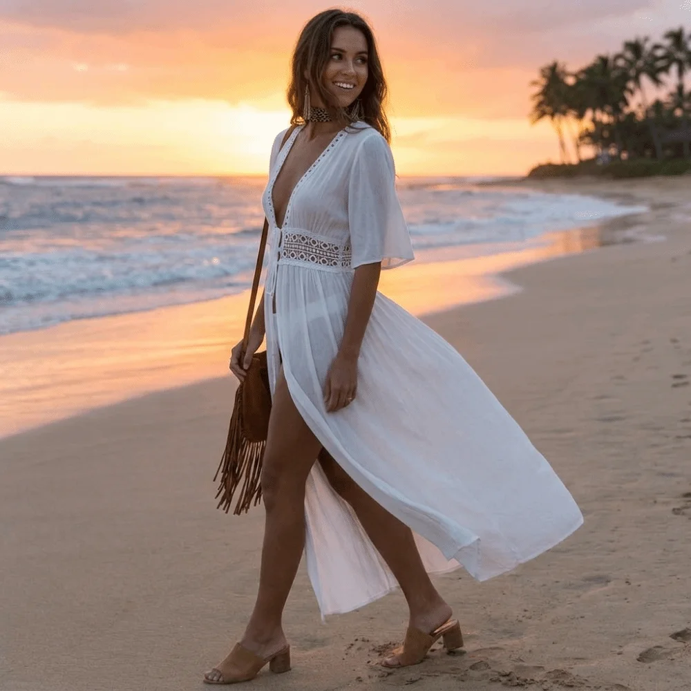 Boho Lace Trim Bikini Cover Ups Sheer Deep V Neck Swimsuit Cover Up Lightweight Flowy Beach Cover Up Poolside Outfit