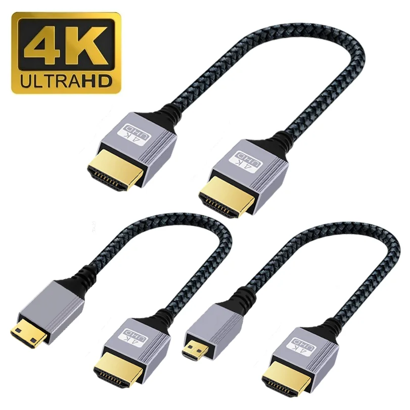 Braided HDMI-compatible2.0 Cable Mini/Micro HDMI-compatible Gold-Plated Connectors 18Gbps 4K for Gopro DSLR Camera Monitor PC TV