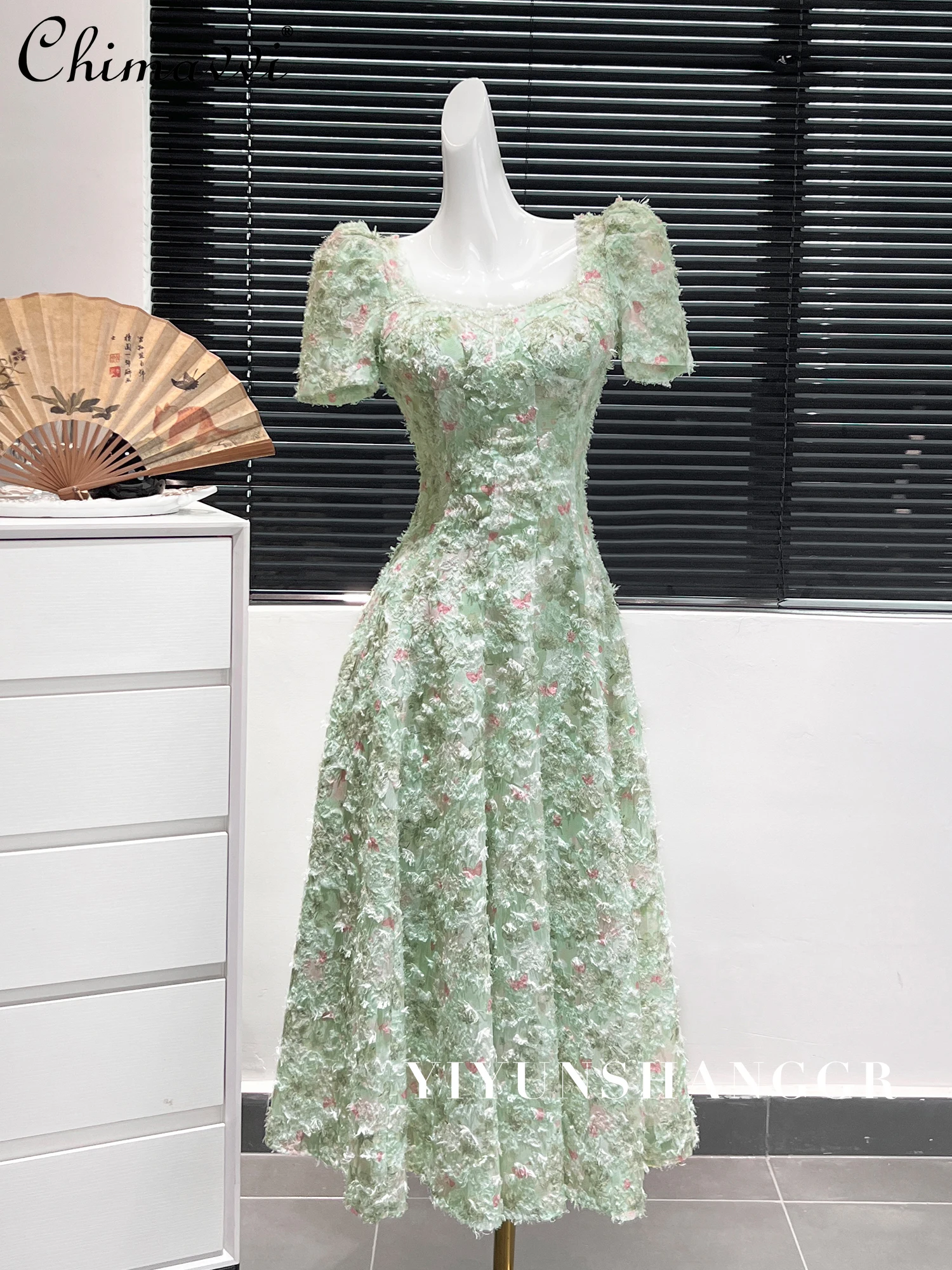 

Vintage Green Floral Short Sleeve Dress Women's Summer New High-end French Hepburn Style Slim Temperament Party Gown Dress