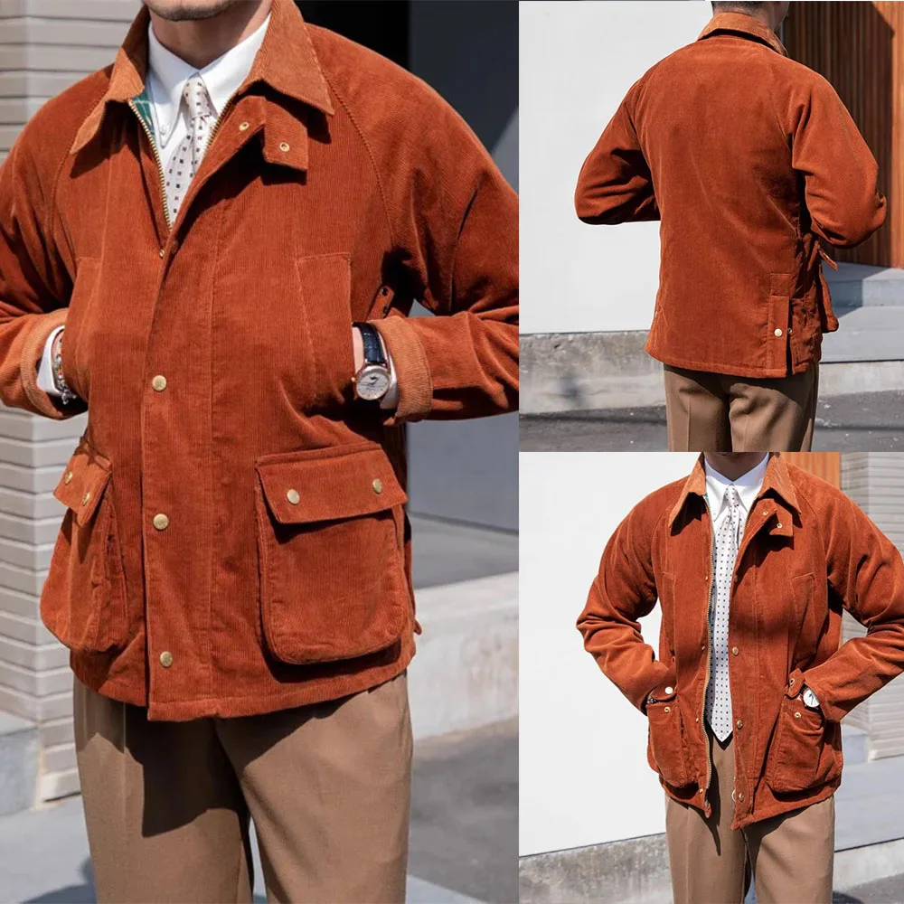 Casual Corduroy Men Jacket Clothes Notched Lapel Single Breasted Zipper Male Fashion Business Party Show Wear One Piece