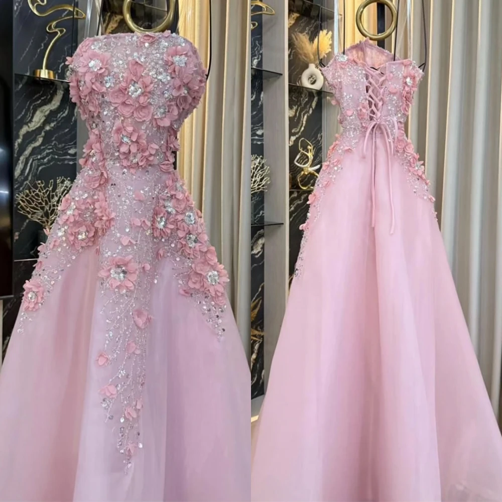 Customized Exquisite Strapless Lace Party Dresses with Sparkly Sequined Simple Pink Organza Prom Gown Lace Up Back Evening Dress image 3