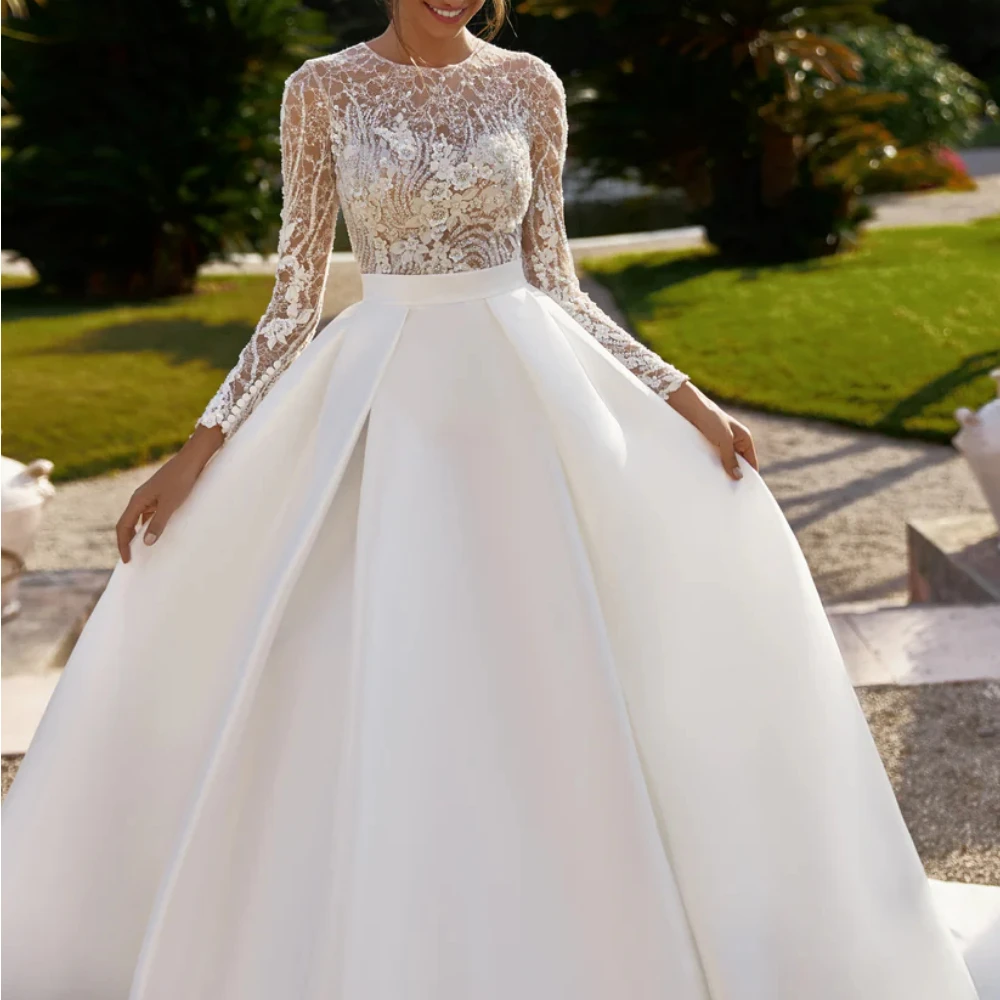 Exquisite Satin-Brautkleider für die Braut der Frau, O-Ausschnitt, lange Ärmel, Spitzenapplikationen, A-Linie, Sweep-Zug, Brautkleider nach Maß