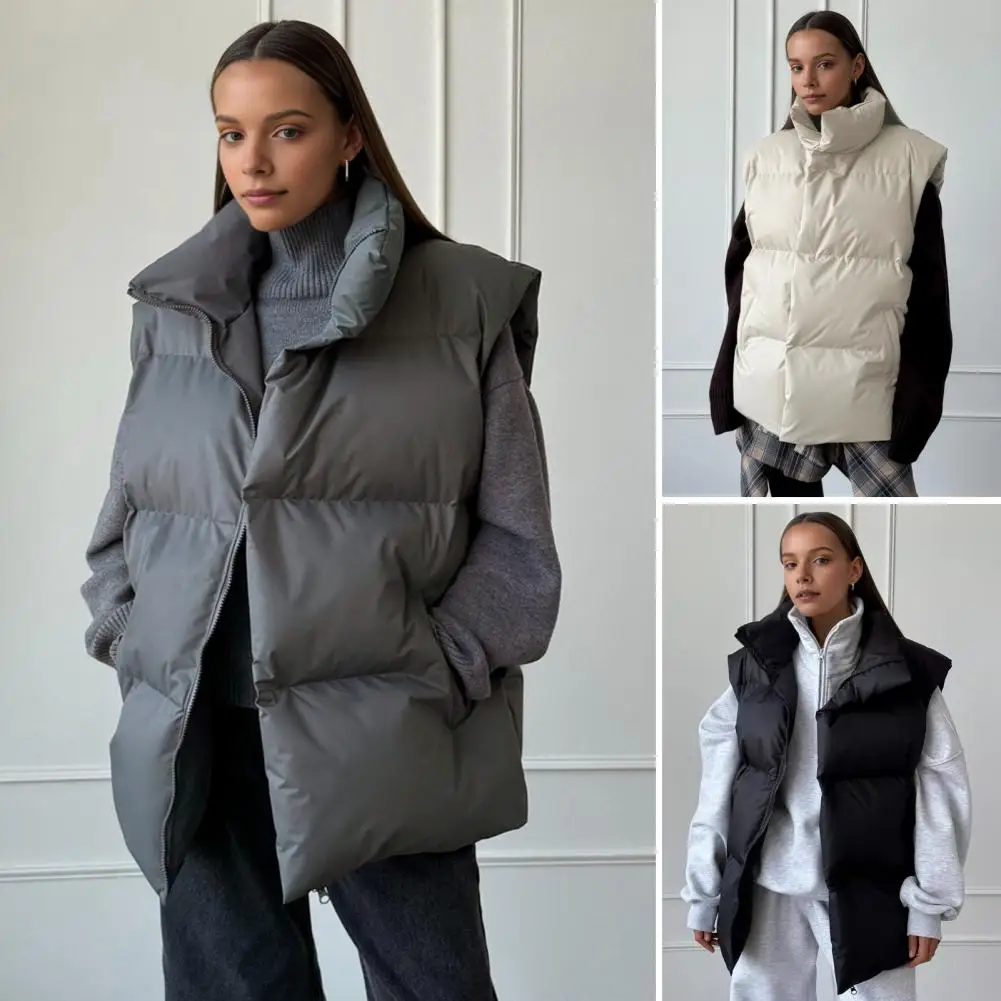 Winter Women Vest Coat Thickened Padded Zipper Closure Puffy Stand Collar Sleeveless Solid Color Winproof Heat Retention Outdoor