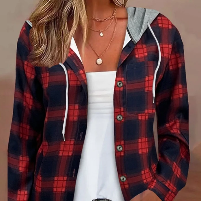 Red and Black Checkered Pattern Button Front Gray Hooded Drawstring Top Thin Casual Fashion Women's New Shirt Jacket