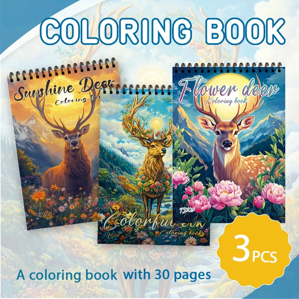 3 pcs, Forest Spirit Deer Adult Coloring Book, 11.2 x 8.3  inches, 30 pages per book - 100 gsm paper, birthday or holiday gift