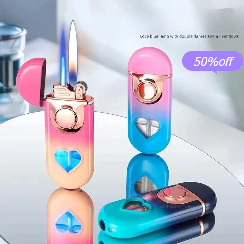 Metal Love Double Flame Butane Gas Lighter Creative LED Blue Light Transparent Gas Window Grinding Wheel Ignition Cigar Lighters