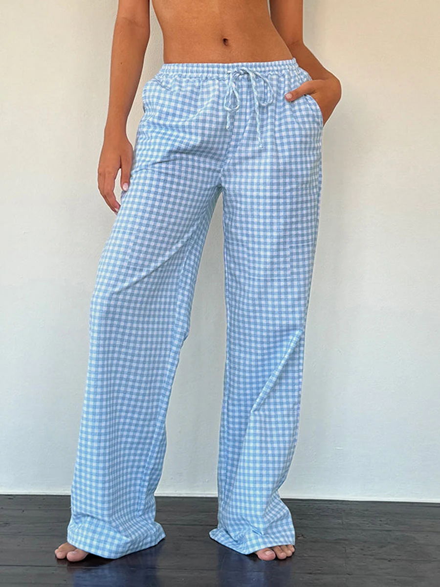 

Women Casual Wide Leg Pants Drawstring Elastic Waist Plaid Print/Solid Color Pockets Long Pants Cozy Spring Fall Lounge Trousers