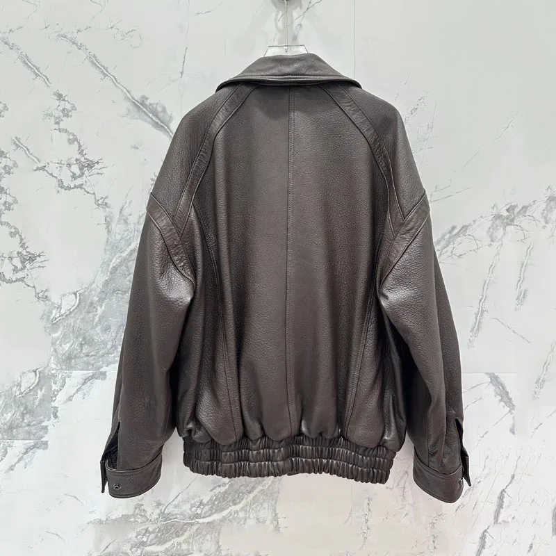 Lussuoso cappotto di pelle di pecora da donna Autunno Inverno 2025 Moda fibbia a doppia fila in vera pelle naturale vestibilità ampia