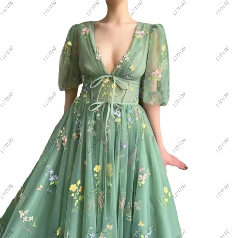 LIYYLHQ Fairy Sage Green Prom Party Dresses Long Sleeves A-Line Formal Graduation Gown Pleat Lace Evening Dance Dress Customized