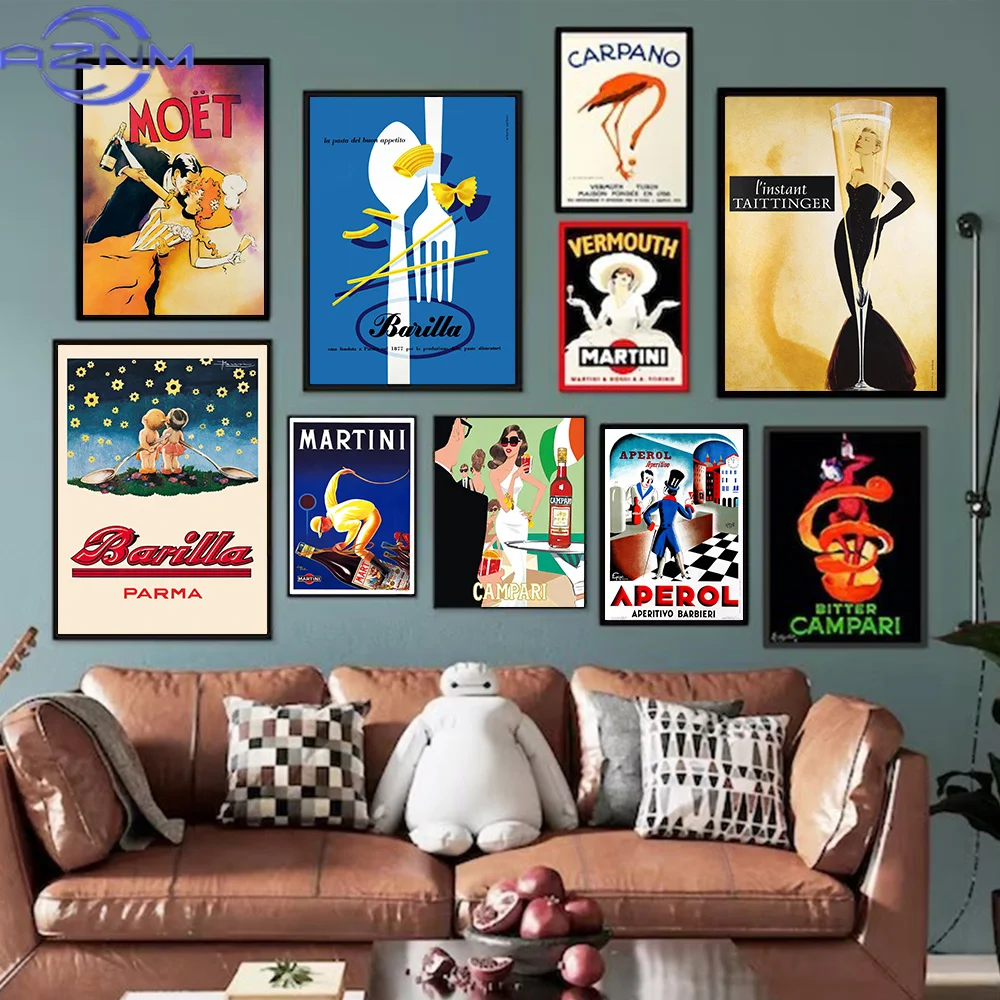 Póster Retro AZNM de Comida y Bebida Italiana, Pasta Barilla, Vermut Carpano, Licor Aperol, Pintura en Lienzo, Arte de Pared, Cuadros para Decoración del Hogar y Bar