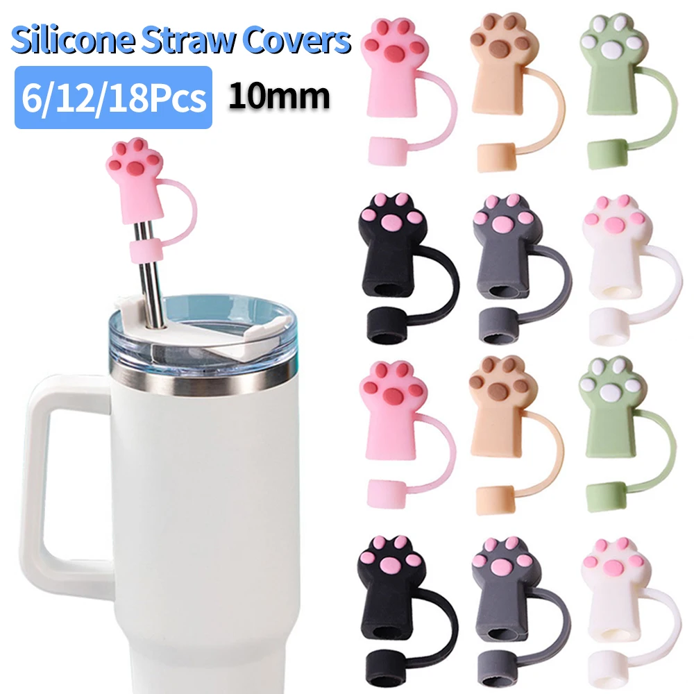 6/12/18Pcs Silicone Cat Paw Straw Covers for Stanley Cups 30/40 Oz Tumbler Accessories 10mm Cute Straw Toppers Protector Cap