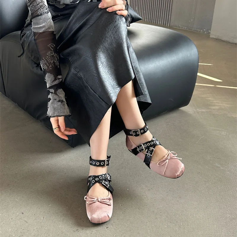 Female Butterfly-Knot Footwear Ballet Flats Fashion Women Dance Shoes Spring Buckle Round Toe Ladies Flats with Lolita Shoes