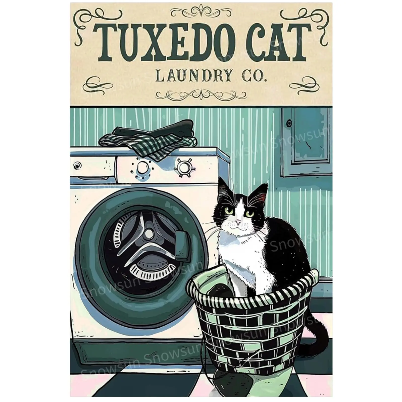 Snowsun Metal Tin Sign Funny Tuxedo Cat Laundry Co Rerto Sign Aluminum Vintage Sign Gift for Home Kitchen Garden Yard Wall Bedro