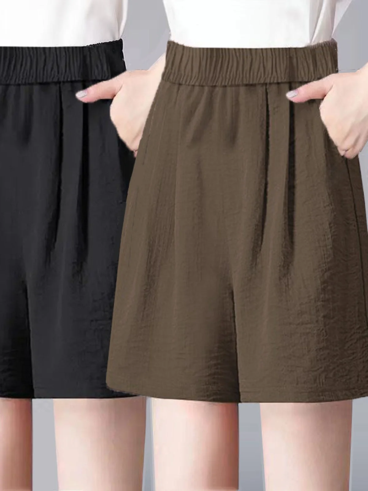 夏用アイスシルクプリーツリネン五分丈パンツ レディース ゆったりストレートレッグ カジュアルワイドレッグパンツ ハイウエスト着痩せ