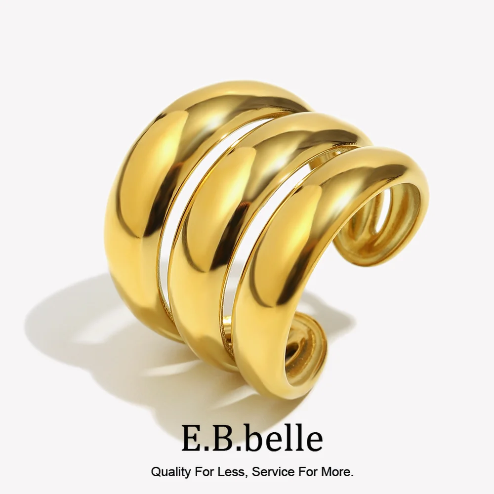 E.B.belle Stainless Steel Three Layers Arc Shaped Open Ring Tarnish Free Hypoallergenic Charm Jewelry For Women's Gift Birthday