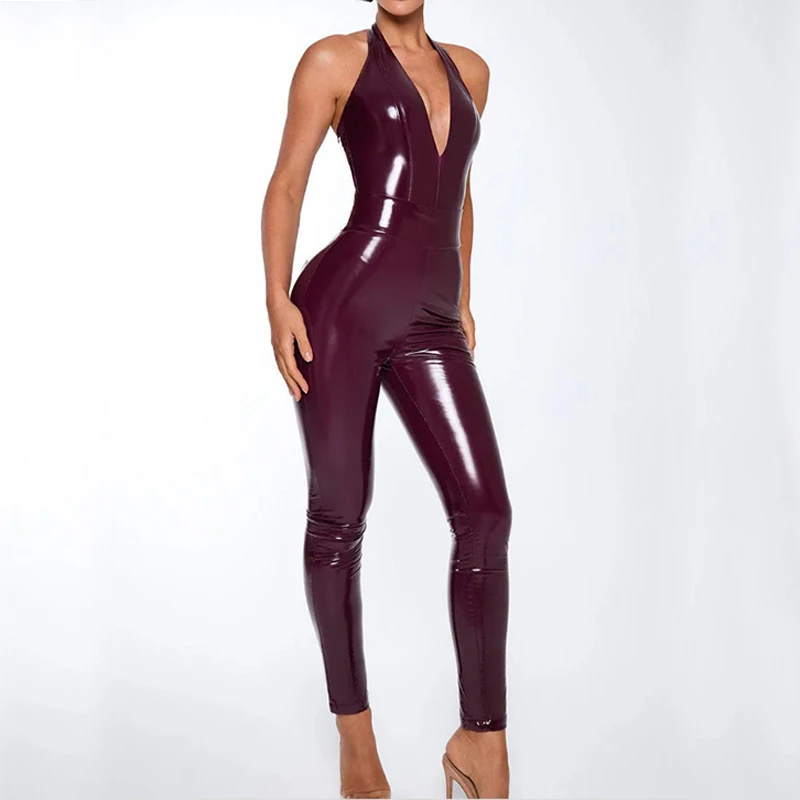 BKLD Hipster 2025 Nightclub Street Fashion Women's Jumpsuit Mirror Leather Sleeveless Halter V-neck High Waist Open Back Rompers