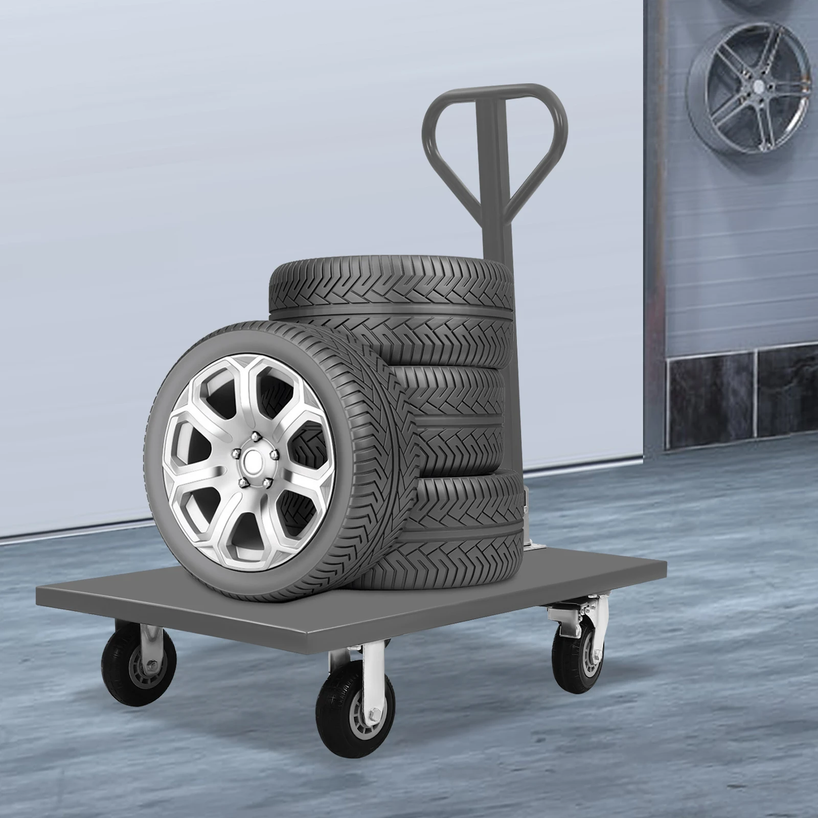 

2000lb Heavy Duty Platform Truck, Steel Cart w/ 4 Swivel Casters (2 Locking) & 360° Handle, Warehouse/Industrial Utility Dolly