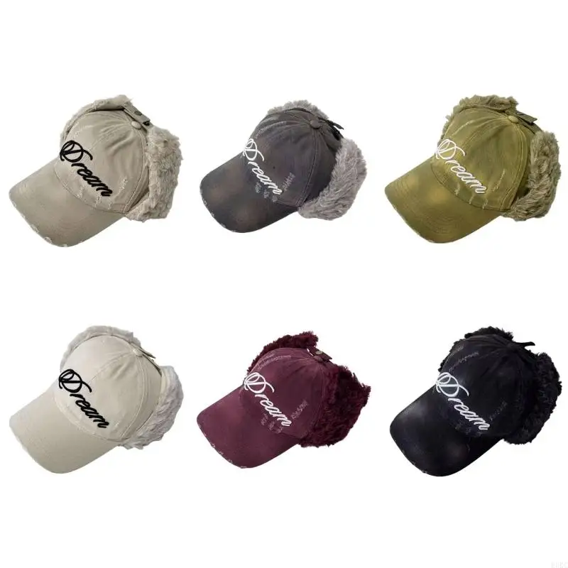 

F3KC Distressed Design Embroidered Baseball Cap with Earflaps Korean Styles Cotton Winter Essential