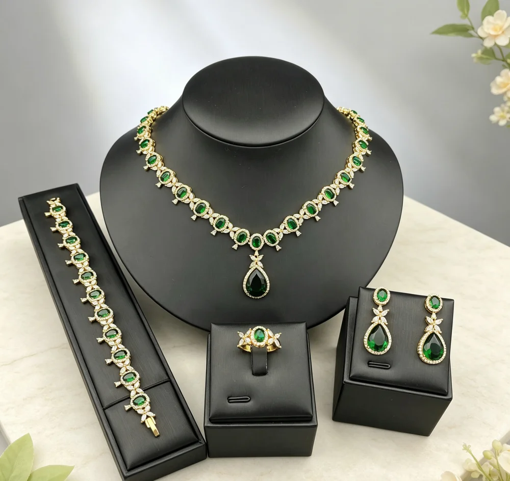 JRH Women Jewelry Set Water Droplet Shape Gold Plated Copper Zircon with Bracelet Ring Necklace Earrings for Party