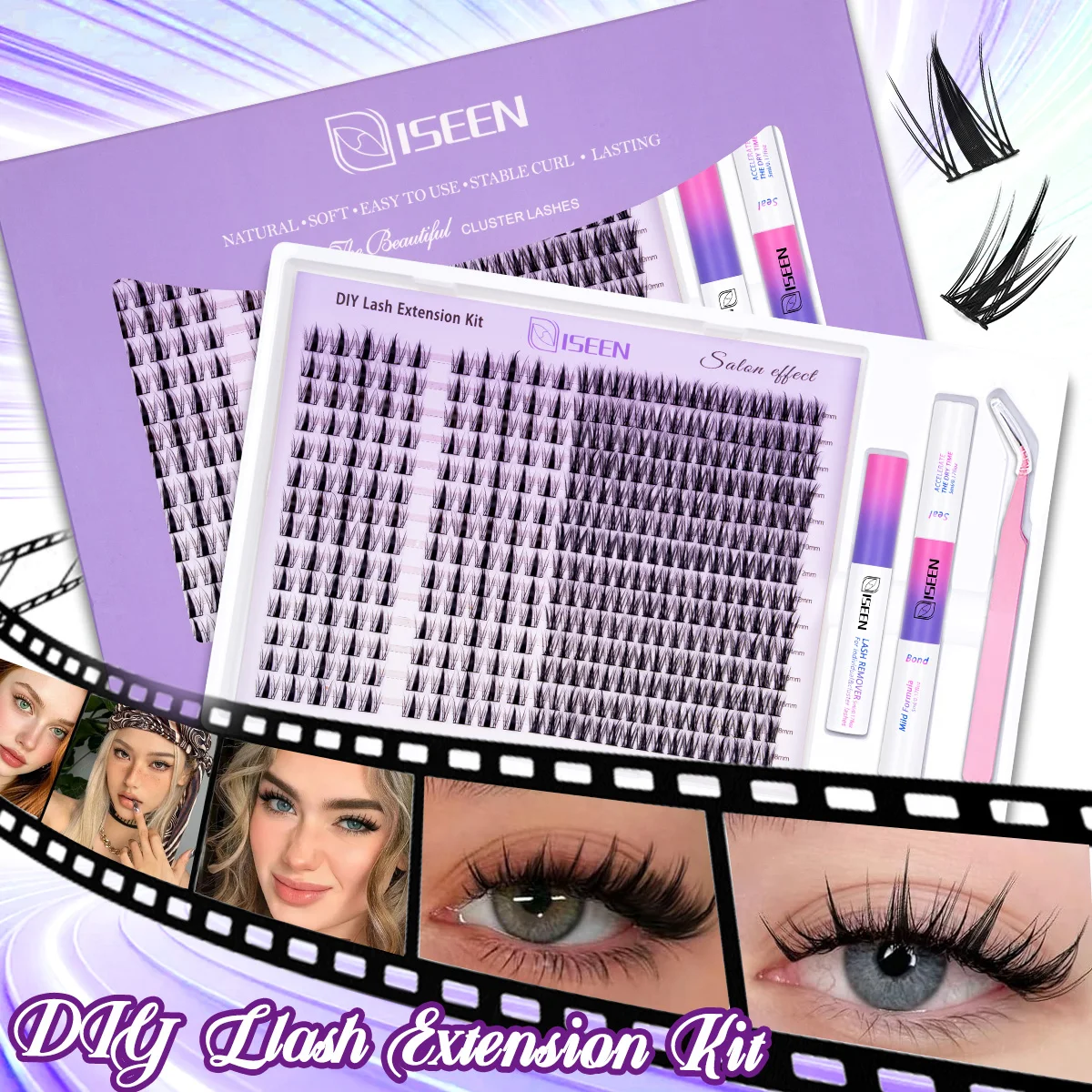 Wimpern-Cluster-Set: Manga Fairy Einzelwimpern, Wispy Cluster Wimpernverlängerungen mit Bond & Seal und Wimpernpinzette – Detail 7