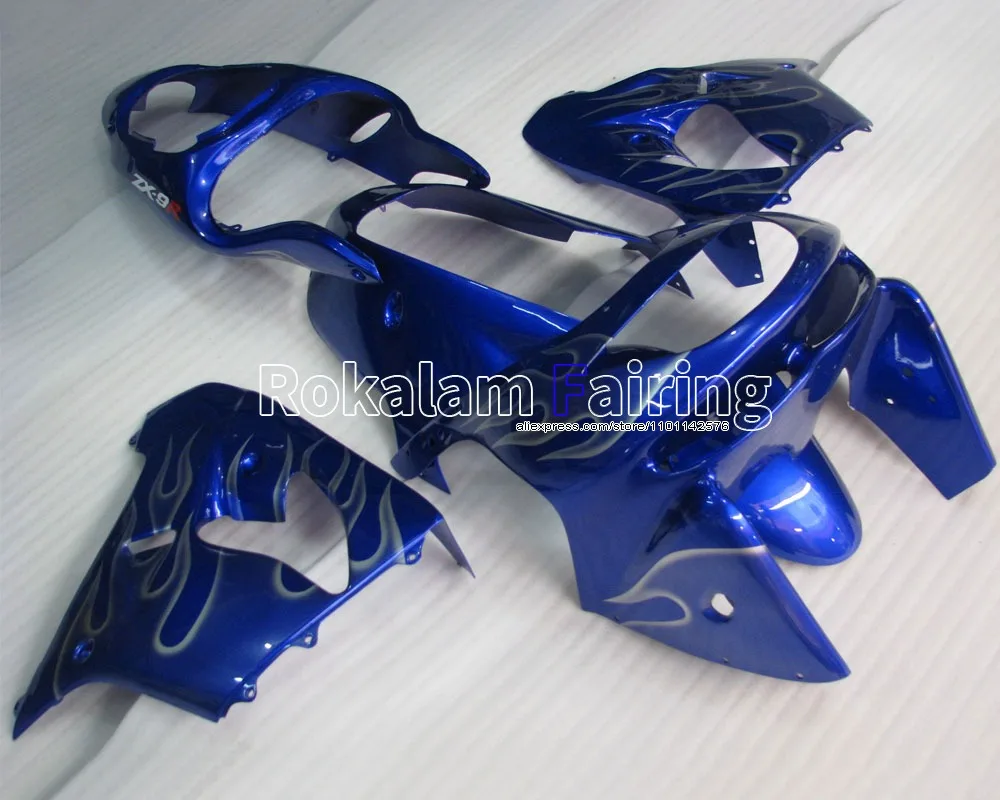 For Kawasaki Body Kit Ninja ZX9R 1998-1999 ZX 9R 98-99 ZX-9R 98 99 Gray Flame In Blue Motorcycle Fairing Kit (Injection Molding)