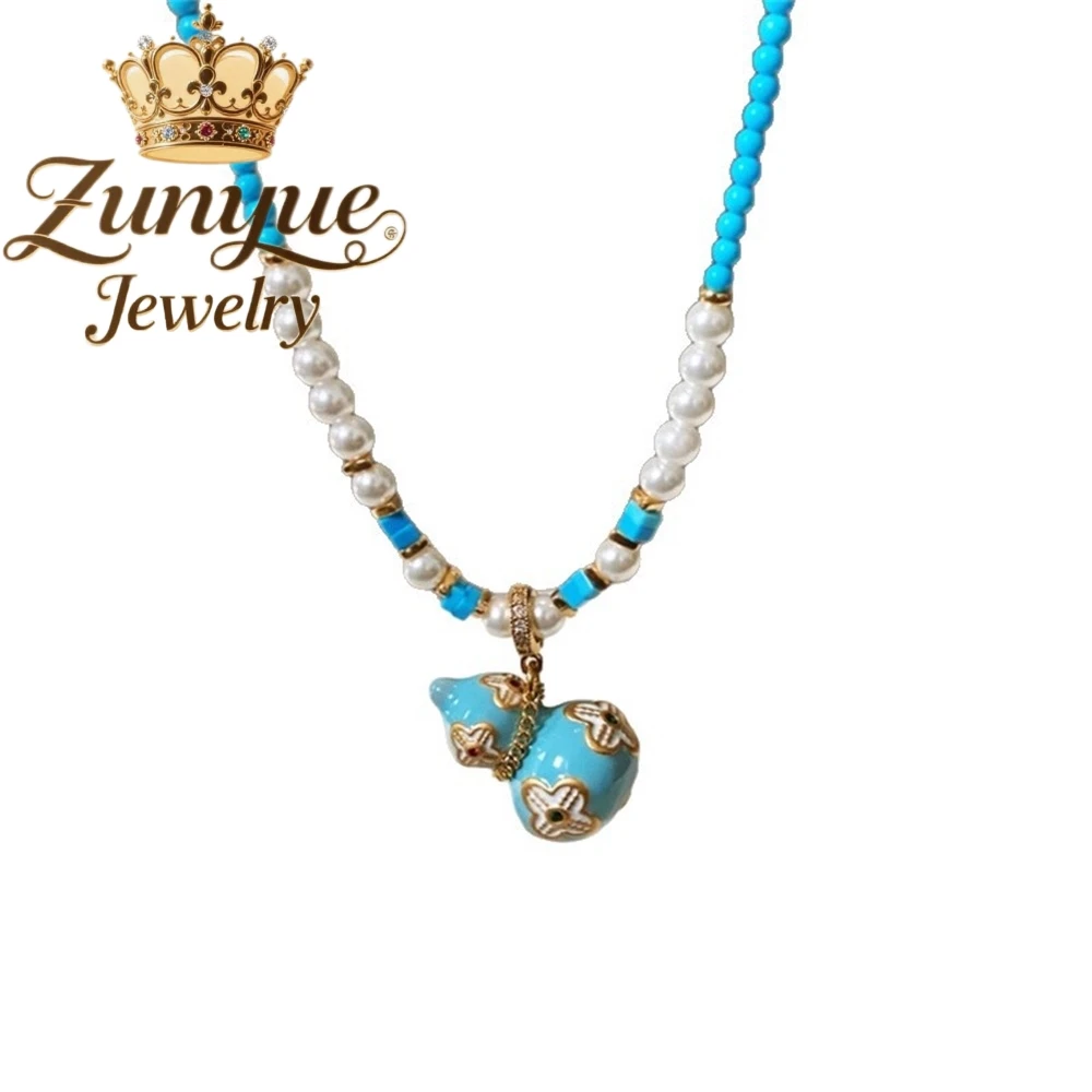 Gourd Beaded Pearl Necklace, Sweater Chain, Light Luxury Turquoise Pendant Accessory Charms Fashion Jewelry Exquisite Elegant