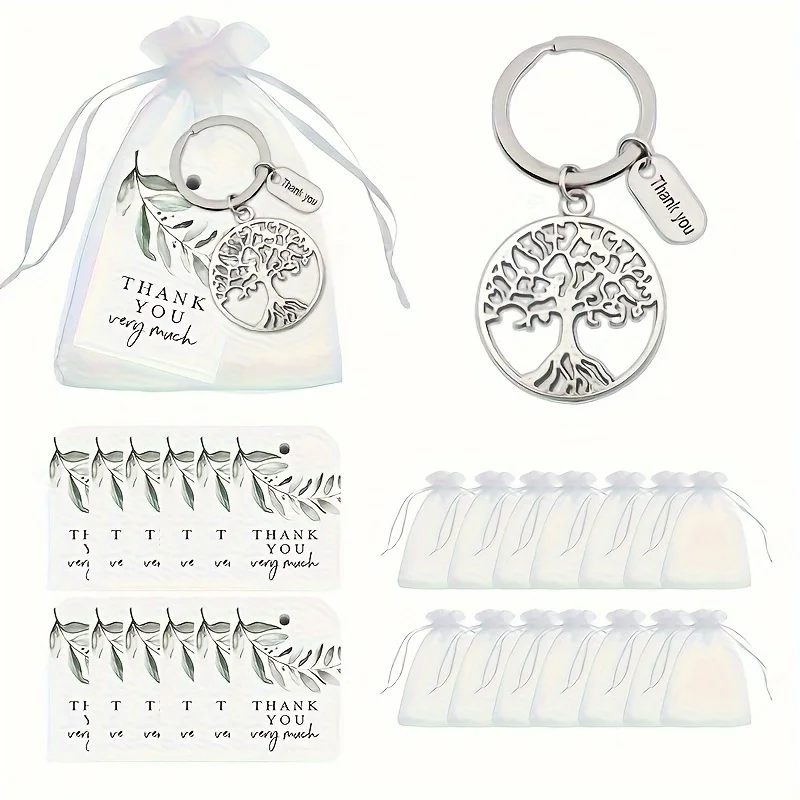 10 ensembles de porte-clés arbre de vie, cadeau en métal, 10 cartes à feuilles, 10 sacs en Organza pour remise de diplôme, Thanksgiving, appréciation des enseignants