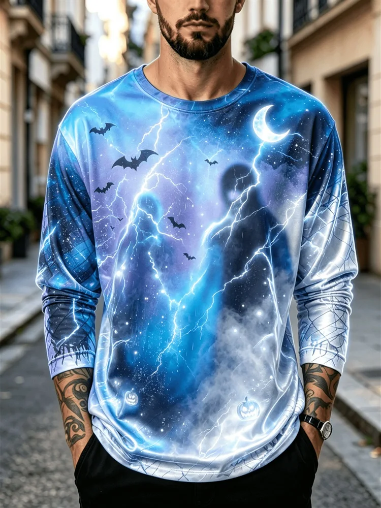 Men's Halloween Ghost Lightning Pumpkin Long Sleeve T-Shirt Blue Bat Moon Star Graphic Tee Glowing Pullover Tops Gift 2026 New