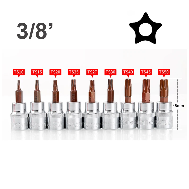 1pcs 5 Point Torx Screwdriver Bit 3/8 Inch Drive Socket Hand Tools Pentalobe TS10 TS15 TS20 TS25 TS27 TS30 TS40 TS45 TS50