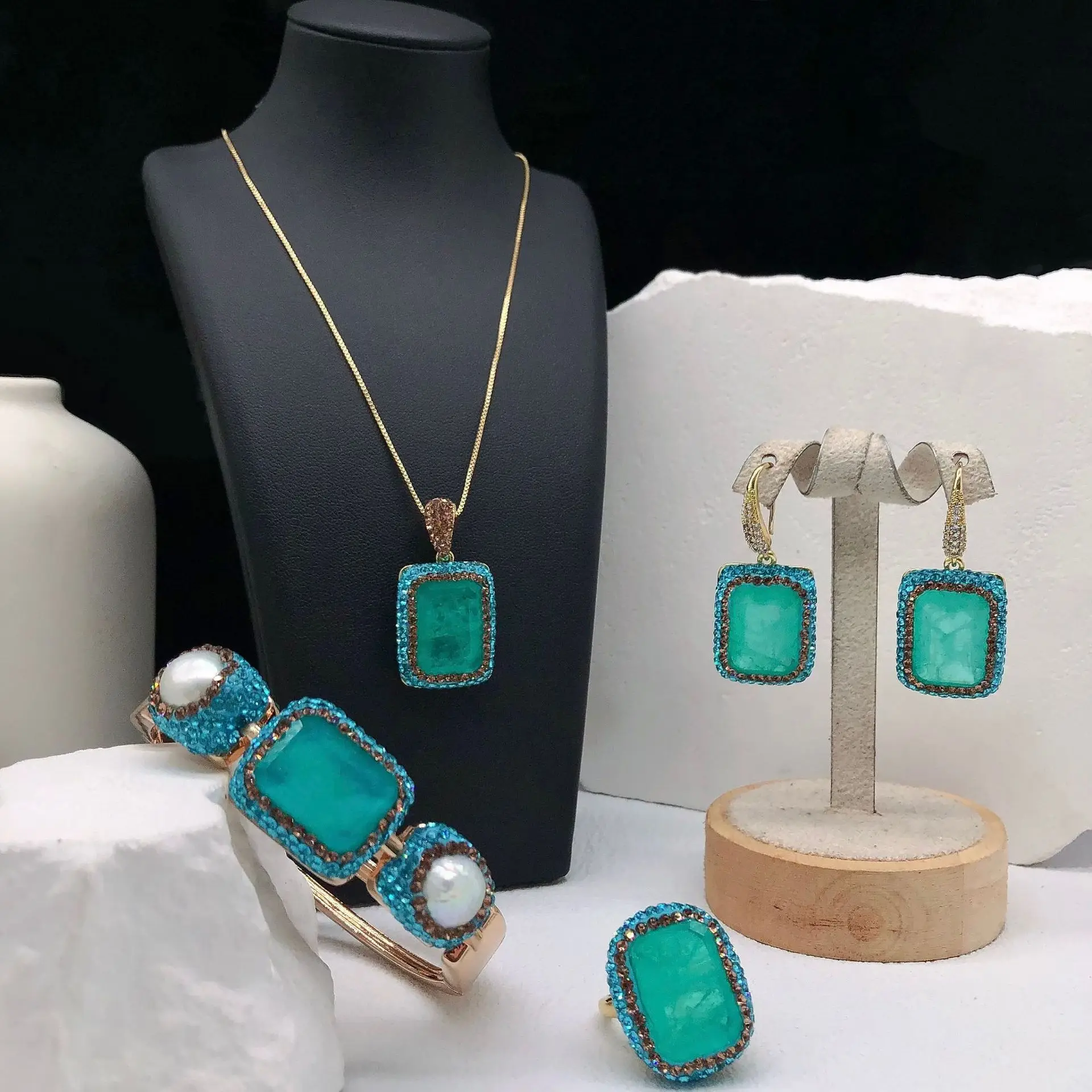 

New Paraiba Stone Freshwater Pearl Bracelet Necklace Ring Earrings Set Aquamarine Fashion Versatile Women