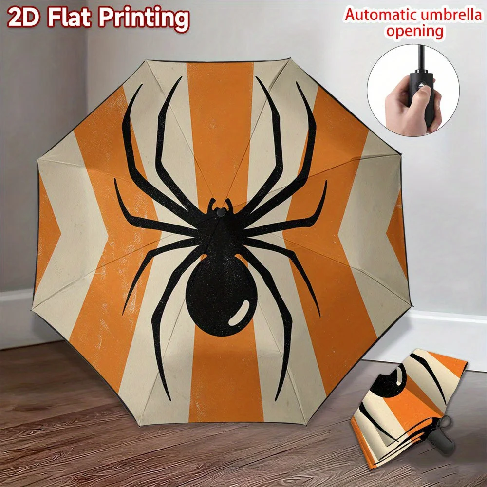 

1pc Automatic Folding Umbrella with Black Spider & Orange Stripes - 8-Rib Windproof Design, Durable Plastic Frame, Compact Tra