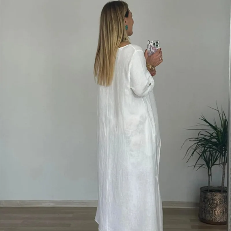 면-린넨 원단 신상 여성 캐주얼 의상 투피스 불규칙 긴팔 크루넥 탑 + 프린트 와이드 팬츠 신상투피스